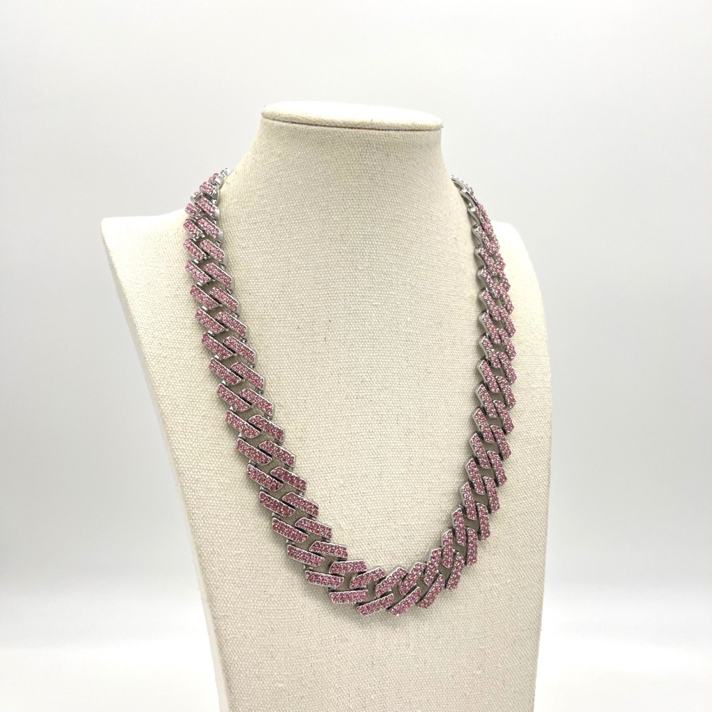 Invicta Pink Crystal Iced Out Cuban Link Chain Necklace Silver Tone 22 Inch‎
